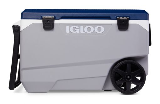 Nevera rígida con ruedas de Igloo MaxCold Latitude 90 Roller con capacidad de 85L. Color Azul y gris